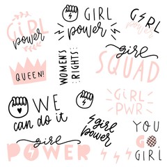 Girl power quote. Feminism vector patch set. Design for posters, stickers, embroidery, badges, pins and clothing