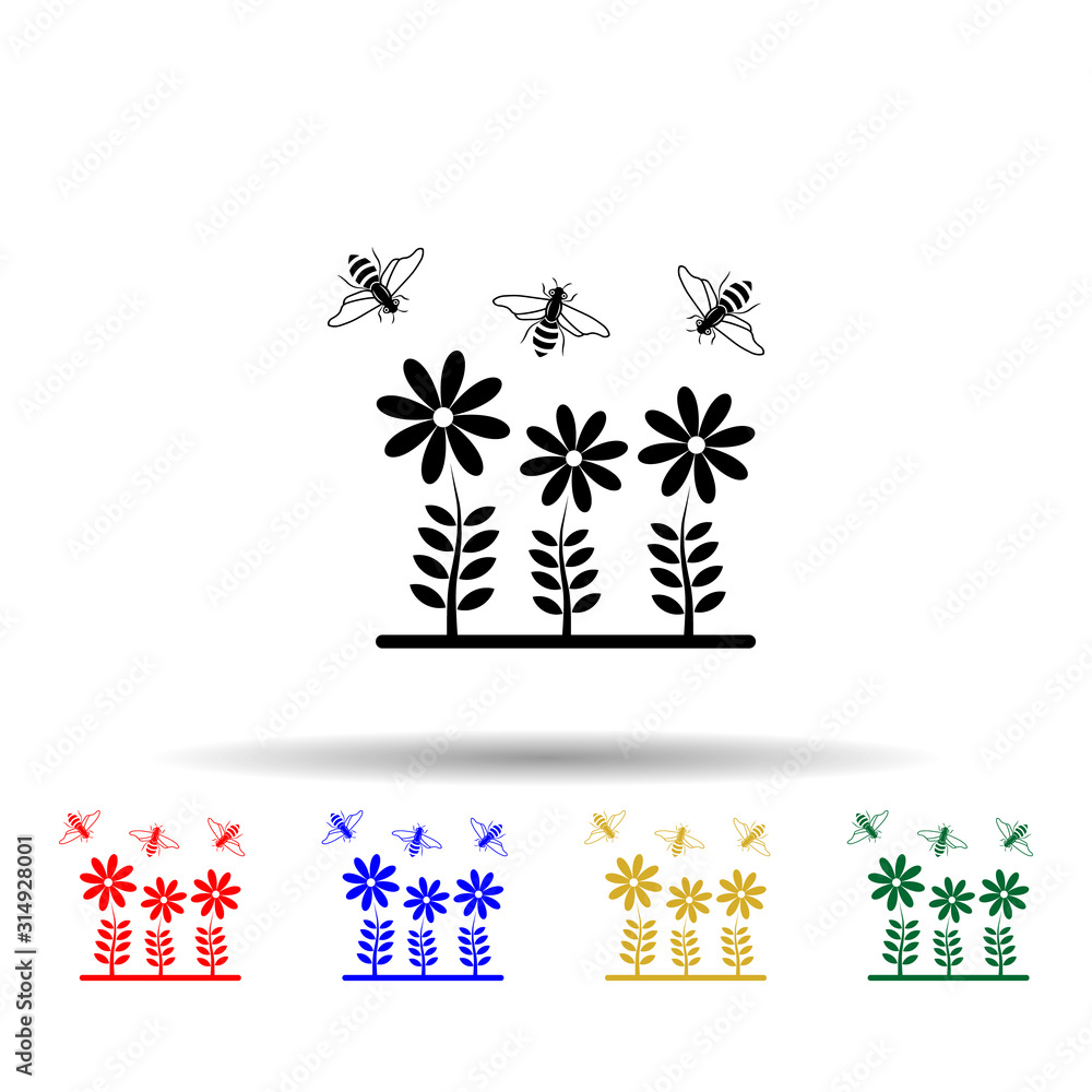Poster flowers and bees multi color style icon. simple glyph, flat vector of beekeeping icons for ui and ux