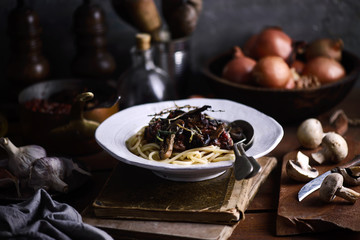 Wine and mushroom sauce pasta..style rustic