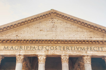 Pantheon facade close up at the Piazza della Rotonda in Rome