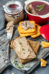 Slice of bread with homemade chicken liver pate.