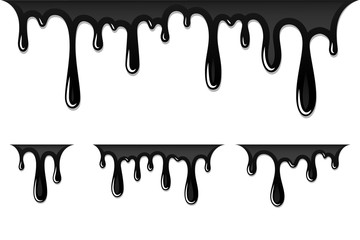 Drip paint 3D set. Ink stain. Drop melt liquid isolated on white background. Splash of chocolate, oil, blood. Black graffiti. Splatter syrup, candy sauce, caramel. Vector illustration