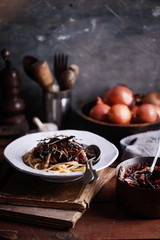 Wine and mushroom sauce pasta..style rustic