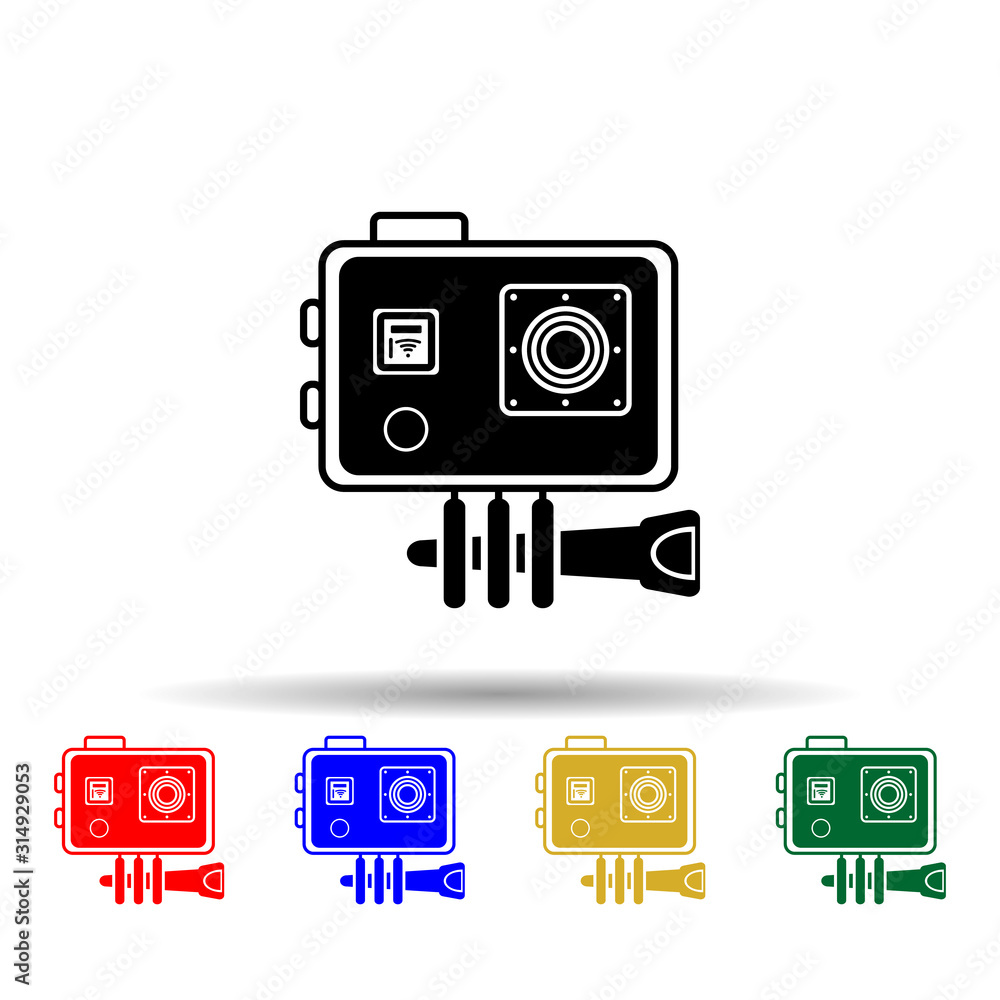 Poster action camera multi color style icon. simple glyph, flat vector of equipment photography icons for u