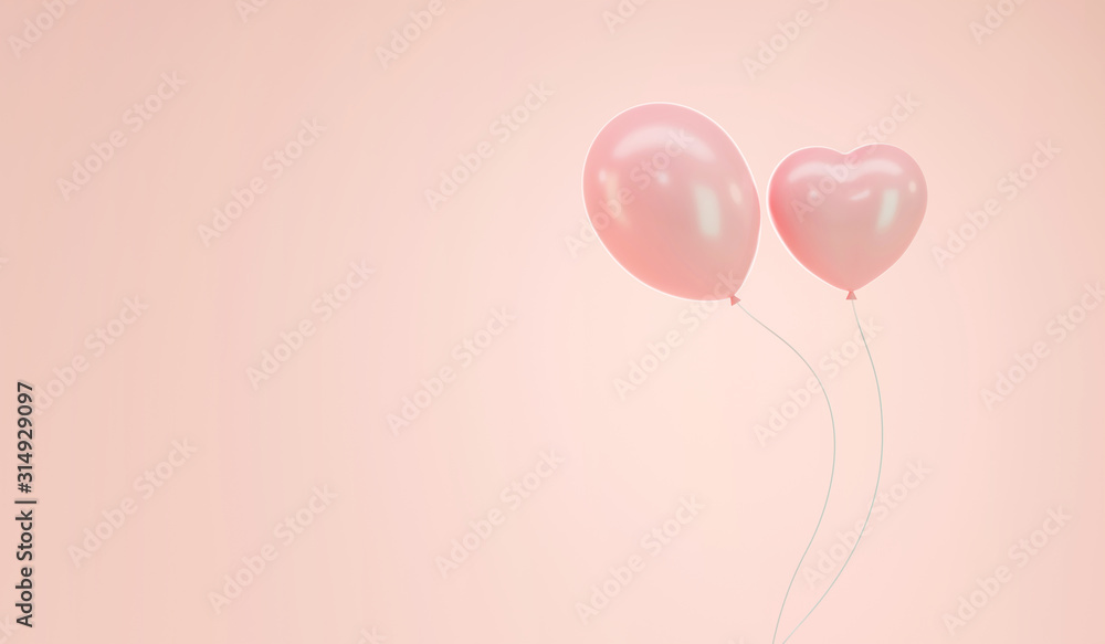 Poster soft pink pastel balloon round and heart shape isolated on soft pink background with copy space, 3d 