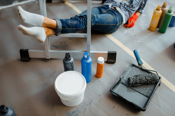 Cheerful woman makes home repair