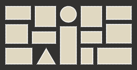 Set blank postage stamp.Toothed border mailing postal sticker template. Vector graphic design