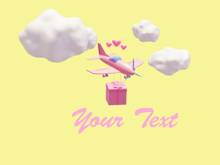 the pink airplane is carrying a great gift for the holiday, airplane in the clouds. 3d illustration