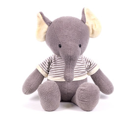 soft toy white background isolated gray elephant in a striped sweater