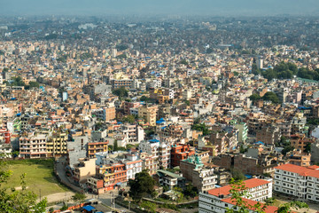 Naklejka premium Panorama of Kathmandu, Nepal, with the height of the hill temple complex of Swayambhunath.