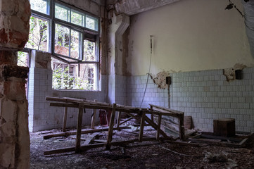 Ruins in an abandoned room. Bakery in the Chernobyl zone. Abandoned factory in Chernobyl.