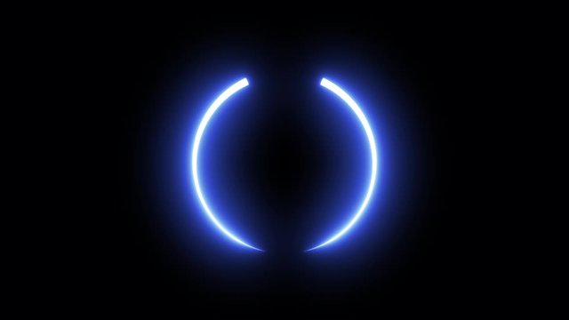 Glowing neon rotating circles. Animation of abstract shining light plasma following circular ring motion path. Seamless looped line animation on a black background.