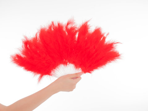 Closeup Asian woman holding and folding red feather traditional handed fan prop object for Happy Chinese New Year religion culture festival event on isolated white background