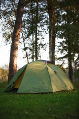 A green tourist tent stands in the forest, illuminated by rays of light. Setting up a tent in a tourist camp, tourists spending the night