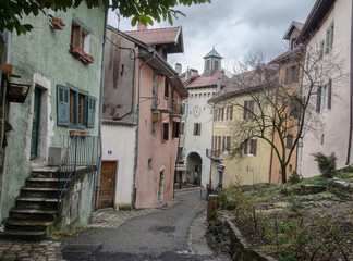 Annecy, France, 11 March, 2018: typical color houses at the old town of Annecy