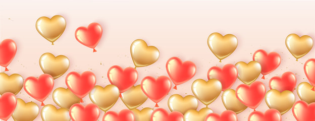 Horizontal banner with pink and gold balloons in the shape of a heart on a pink background. Balloons fly from bottom to top. Romantic illustration for Valentine s Day and International Women s Day