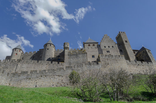 Carcassonne, France, 14 March, 2018 : walls of the old city of carcassonne