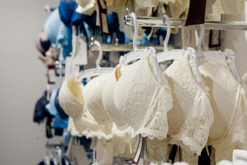 Shop woman underwear clothes, Lingerie on rack. Retail shop, store