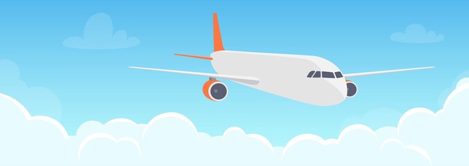 Naklejka na ściany i meble Flying plane above the clouds. Aircraft in the sky. Travel concept illustration for advertising airline, website to search for air tickets, travel agency. Traveling flyer, banner, vector illustration.