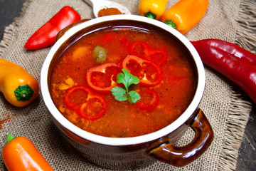 Homemade goulash soup in a stone dish surrounded by colorful peppers