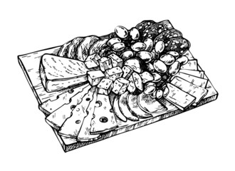 Hand drawn sketch of cheese, meat, grapes, apples, salami and pork on a wooden board. Dairy farm products cheese. Engraved style