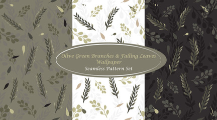 Olive Green Branches & Falling Leaves Wallpaper Set