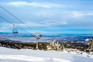 Panoramic view of an alpine mountainside with ski lift