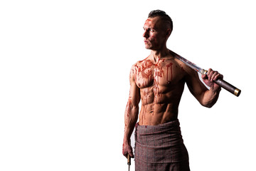 A man with two katanas in his hands, in the blood of the enemy. Isolated on a white background. © Artsiom P