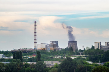 Thermal power plant with chimneys, industrial landscape