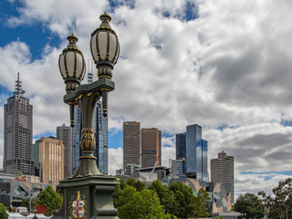 Melbourne, Australia City Skyline with a Vintage Streetlamp Fixture in the Foreground