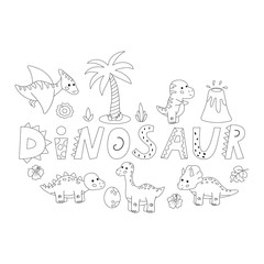 Cute cartoon kawaii dinosaurs coloring page. Educational game for preschool children. Black and white vector illustration.