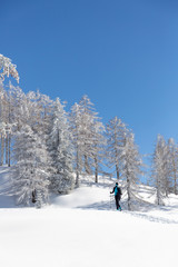 Female ski tourer hiking in the Austrian Alps. Winter sport concept
