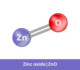 Vector ball-and-stick model of zinc oxide ZnO consisting of zinc and oxygen. Structural formula used as a pigment zinc white. Icon is isolated on a white background.