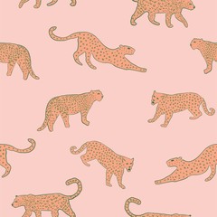 pink and orange leopard wildcats seamless vector pattern. trendy and wild