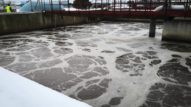 Water recycling on sewage treatment station. Microfiltration, plant. Water purifying at waste water treatment plant. Water recycling on sewage treatment station.