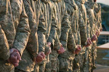 Army parade, military uniform soldier row march