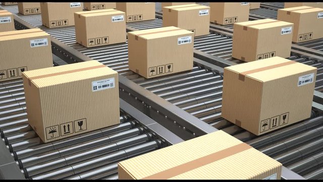 Conveyor belt with rows of cardboard boxes. Dekivery, warehouse or production line concept. Loopable 3d animation