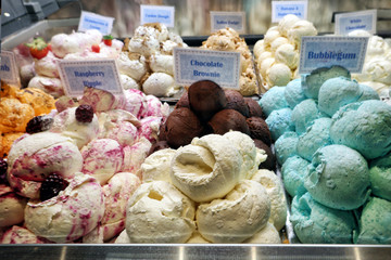 Assortment of ice cream flavours in a shop