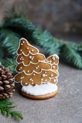Gingerbread new year tree on the concrete with fir tree