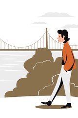 A young guy in outerwear walking along the promenade against the backdrop of the bay and bridge. Flat vector illustration.