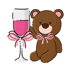 cute teddy bear with cup champagne isolated icon