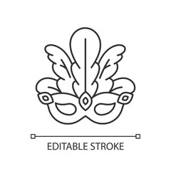 Masquerade mask pixel perfect linear icon. Brazilian traditional headwear with plumage. Ethnic festival. Thin line customizable illustration. Contour symbol. Vector isolated drawing. Editable stroke