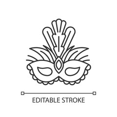 Masquerade mask pixel perfect linear icon. Traditional headwear with plumage. Ethnic festival. Thin line customizable illustration. Contour symbol. Vector isolated outline drawing. Editable stroke