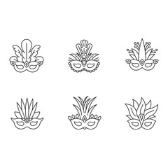 Fototapeta premium Masquerade masks pixel perfect linear icons set. Traditional headwear with plumage. Ethnic festival. Customizable thin line contour symbols. Isolated vector outline illustrations. Editable stroke
