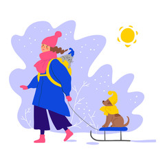 Adorable girl walking with dog and cat. Winter activities performing by young woman. Flat hand drawn cartoon illustration.