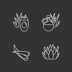 Aloe vera chalk white icons set on black background. Botanical sprouts. Medicinal herb. Cactus and succulent leaf. Cosmetic cream. Natural lotion. Isolated vector chalkboard illustrations
