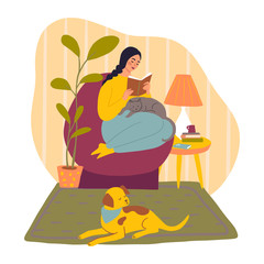 Adorable girl reading book, spending time with dog and cat. Young woman in an interior with her pets. Flat hand drawn cartoon illustration.