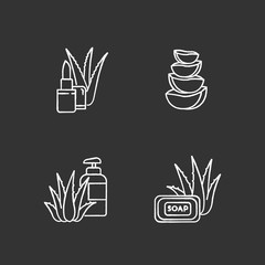 Aloe vera chalk white icons set on black background. Bathing products with organic ingredients. Natural lip balm. Slices of cactus. Cosmetic for skincare. Isolated vector chalkboard illustrations