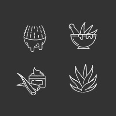 Aloe vera chalk white icons set on black background. Juice from cut succulent. Liquid from sliced cactus leaf. Mortar with pestle for botanical ingredients. Isolated vector chalkboard illustrations