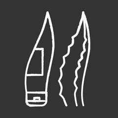 Gel package chalk white icon on black background. Organic lotion. Leaf shaped tube for natural cream. Cosmetic product with medicinal herbs. Aloe vera sprout. Isolated vector chalkboard illustration